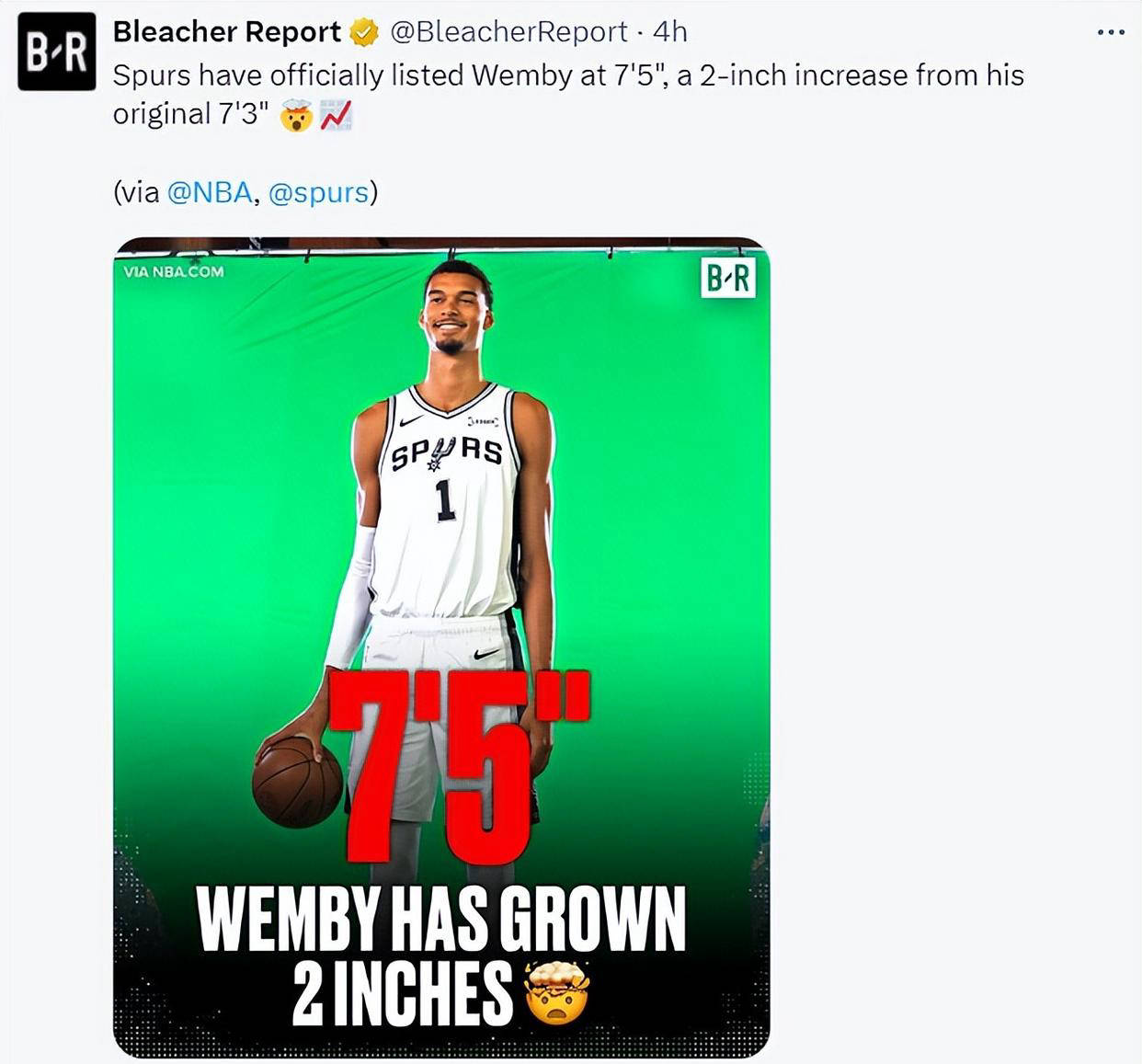 文班亚马身高达226米 NBA官网确认