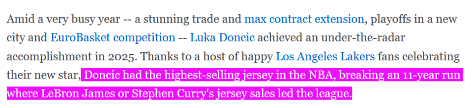 全联盟第一！东契奇今年球衣销量登顶NBA 打破詹库长达11年的统治